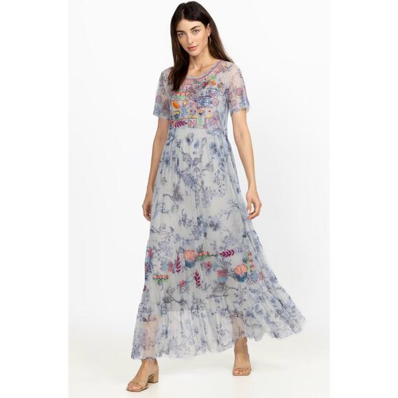 Johnny Was Biya Logan Tiered Mesh Maxi Dress Embroidered Boho Sheer Size S - Picture 1 of 15